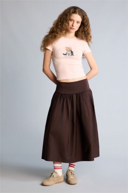 تنورة ميدي بوبلين بقصة A بخصر عالي