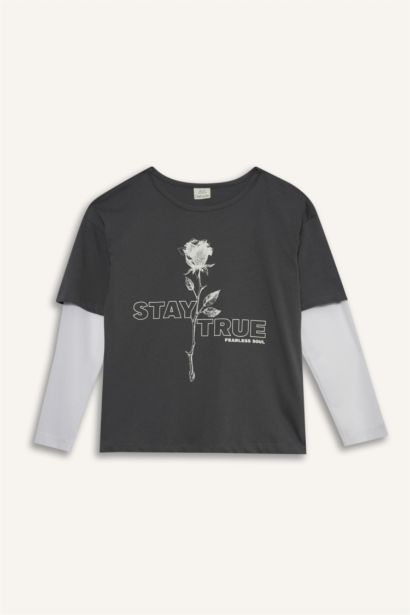 Oversize Geniş Kalıp Bisiklet Yaka Baskılı Uzun Kollu Tişört Kız Çocuk