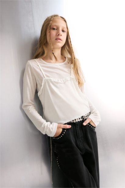 Fitted Bisiklet Yaka Uzun Kollu Tişört Kız Çocuk