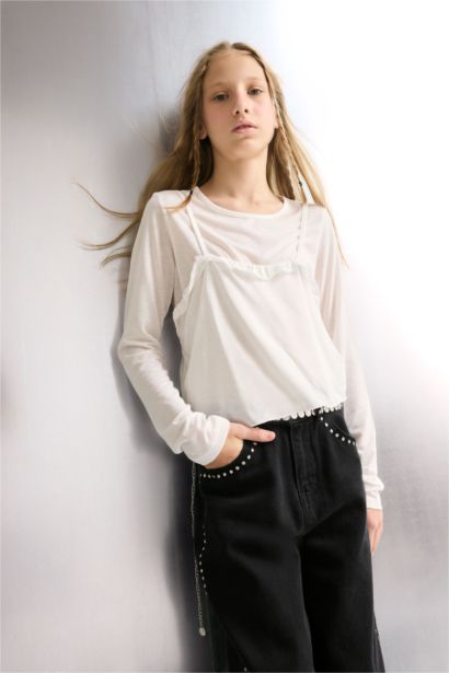 Fitted Bisiklet Yaka Uzun Kollu Tişört Kız Çocuk