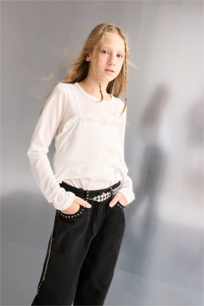 Fitted Bisiklet Yaka Uzun Kollu Tişört Kız Çocuk