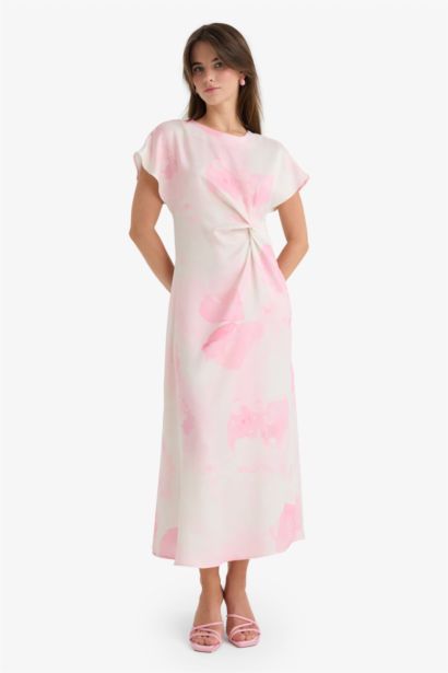 Bisiklet Yaka Batik Saten Kısa Kollu Midi Elbise