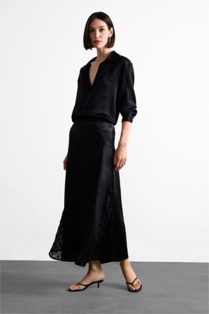 High Waist Satin Lace Detailed Midi Skirt