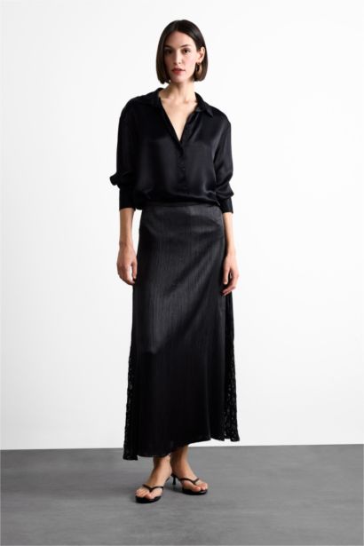 High Waist Satin Lace Detailed Midi Skirt