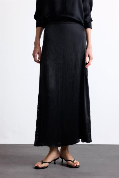 High Waist Satin Lace Detailed Midi Skirt