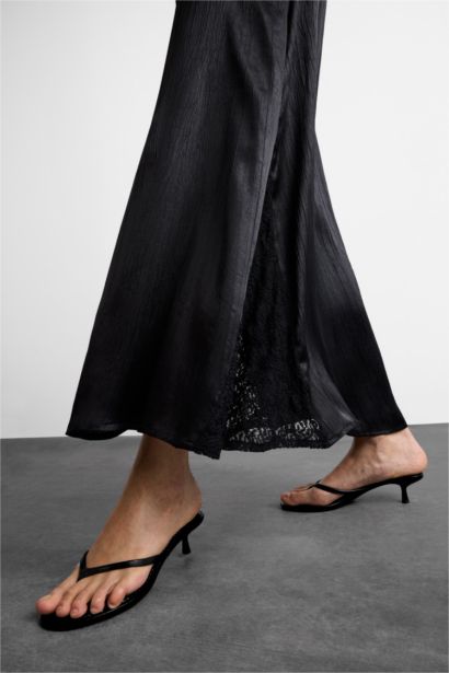 High Waist Satin Lace Detailed Midi Skirt