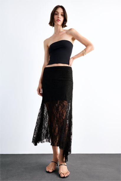 Lace Half Lining Elastic Band Ankle Length Skirt