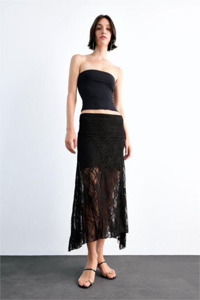 Lace Half Lining Elastic Band Ankle Length Skirt