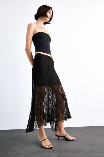 Lace Half Lining Elastic Band Ankle Length Skirt