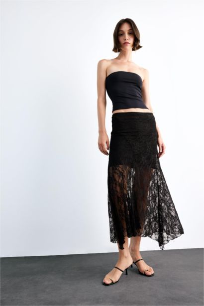 Lace Half Lining Elastic Band Ankle Length Skirt