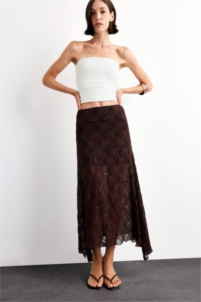 Beli Lastikli Yarım Astar Dantel Bilek Boy Etek