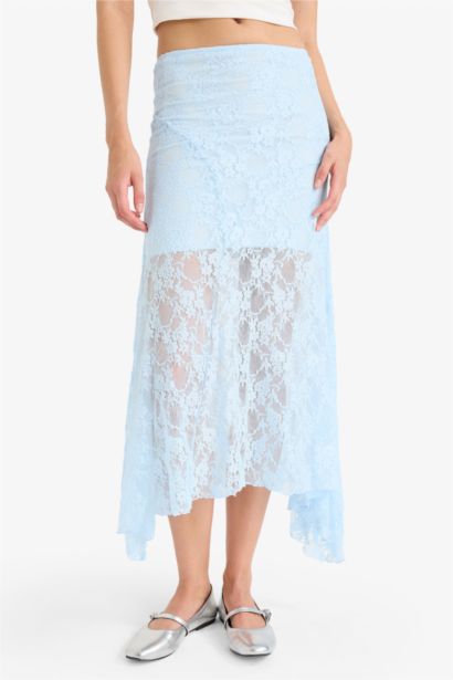 Lace Half Lining Elastic Band Ankle Length Skirt