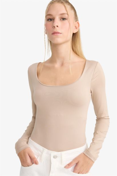 Боди с кнопками и длинным рукавом, с U-образным вырезом