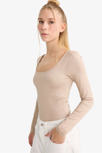 Боди с кнопками и длинным рукавом, с U-образным вырезом