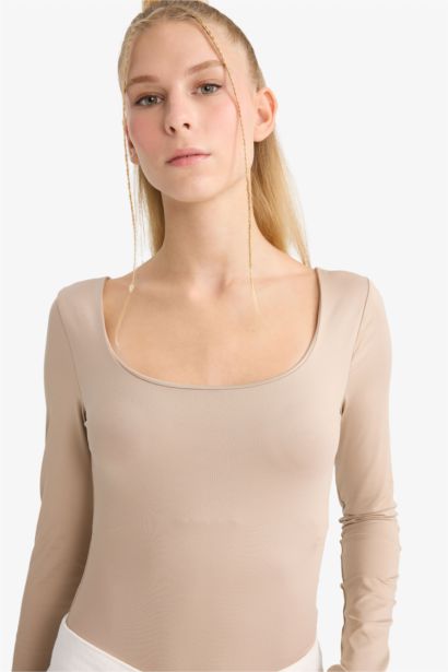 Боди с кнопками и длинным рукавом, с U-образным вырезом