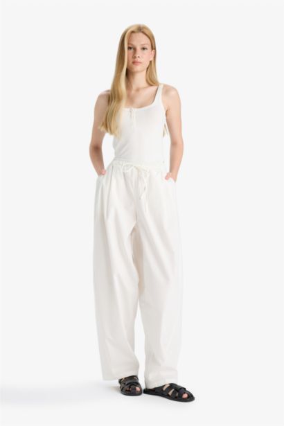 %100 Pamuk Barrel Fıt Normal Bel Poplin Pantolon