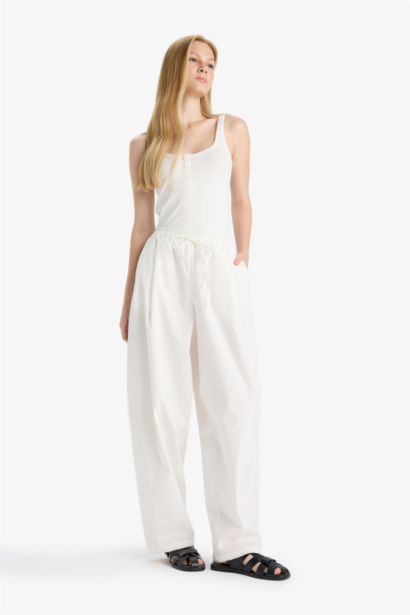 %100 Pamuk Barrel Fıt Normal Bel Poplin Pantolon