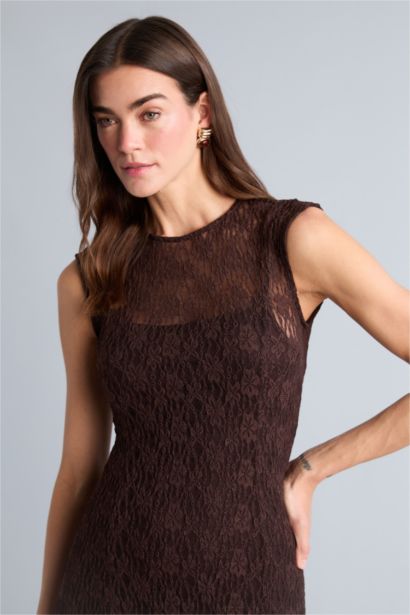 Oversize Fıtted Bisiklet Yaka Dantel Kısa Kollu Maxi Elbise