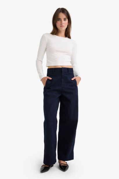 Barrel Fit High Waist Straight Leg Gabardine Trousers