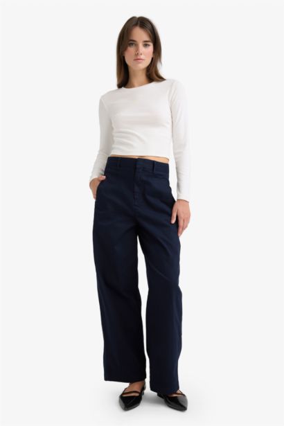 Barrel Fit High Waist Straight Leg Gabardine Trousers