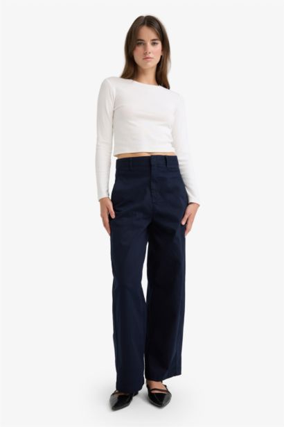 Barrel Fit High Waist Straight Leg Gabardine Trousers