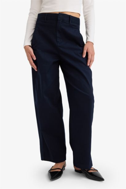 Barrel Fit High Waist Straight Leg Gabardine Trousers