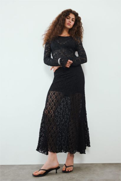 A-Line Regular Waist Lined Lace Maxi Skirt