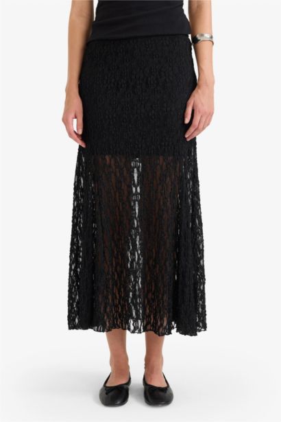 A-Line Regular Waist Lined Lace Maxi Skirt