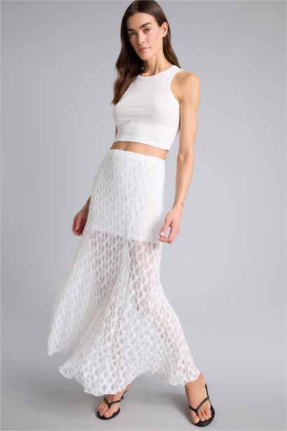 A Cut Lace Lined Normal Waist Maxi Knitted Skirt
