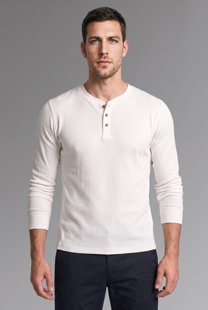 Cotton Slim Fit Henley Neck Waffle Long Sleeve T-Shirt
