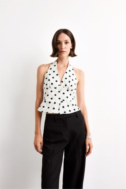 Blouse en popeline Col halter à pois Coupe ajustée