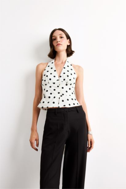 Blouse en popeline Col halter à pois Coupe ajustée