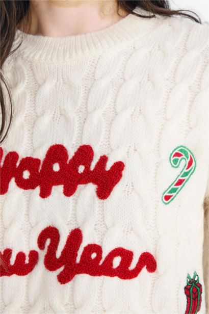 بلوفر قصة عادية برقبة مستديرة بطبعة كريسماس