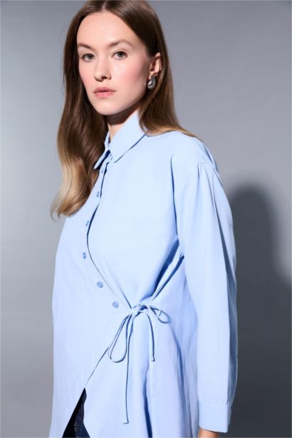 Regular Fit Gömlek Yaka Önden Bağlamalı Poplin Uzun Kollu Gömlek Tunik