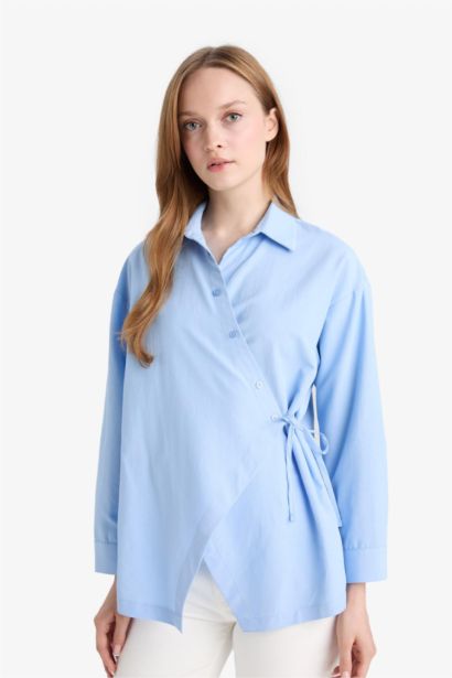 Regular Fit Gömlek Yaka Önden Bağlamalı Poplin Uzun Kollu Gömlek Tunik