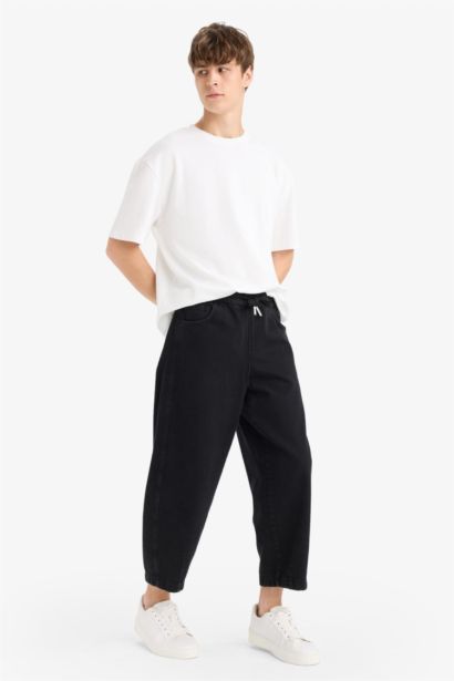 Cotton Barrel Fit Elastic Wide Leg Washed Jeans