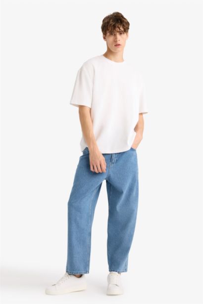 %100 Pamuk Tapered Wide Leg Fit Geniş Paça Jean Yıkamalı Pantolon