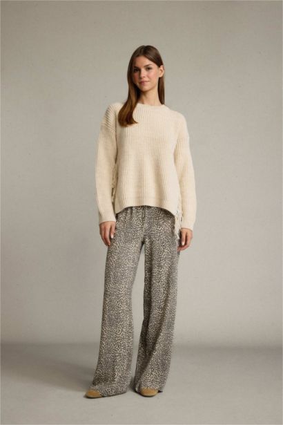 Elastic Waist Leopard Patterned Wide Leg Trousers