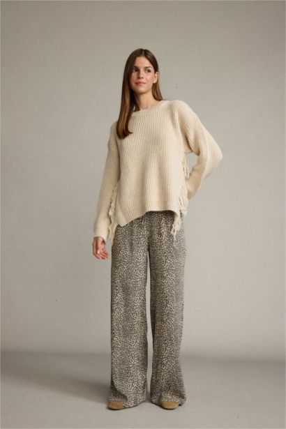 Elastic Waist Leopard Patterned Wide Leg Trousers