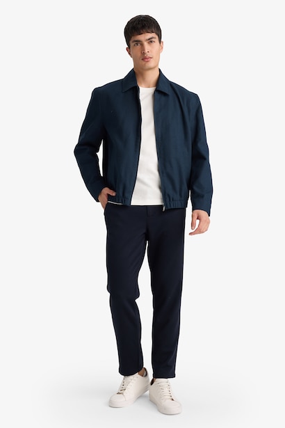 Regular Fit Shirt Collar Zip-Up Cotton Jacket