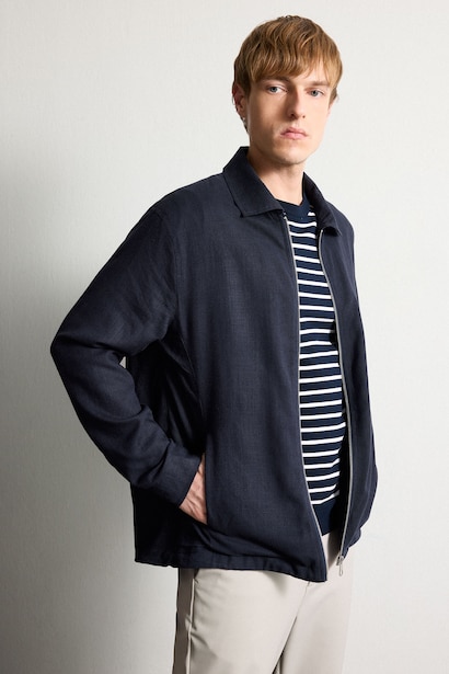 Regular Fit Zip-Up Linen Blend Jacket