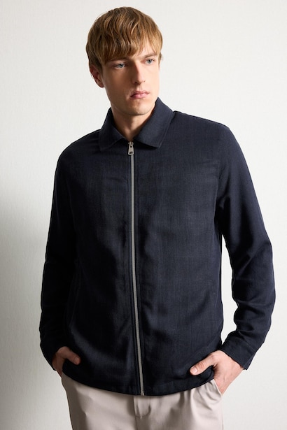 Regular Fit Zip-Up Linen Blend Jacket