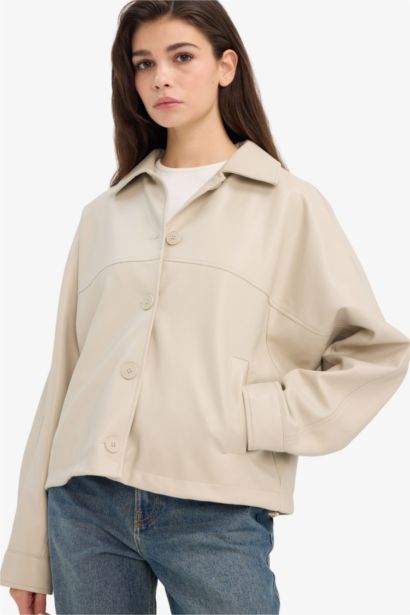 Regular Fit Polo Collar Faux Leather Jacket