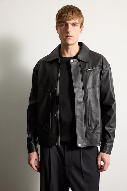 Oversize Fit Shirt Collar Zip-Up Faux Leather Jacket