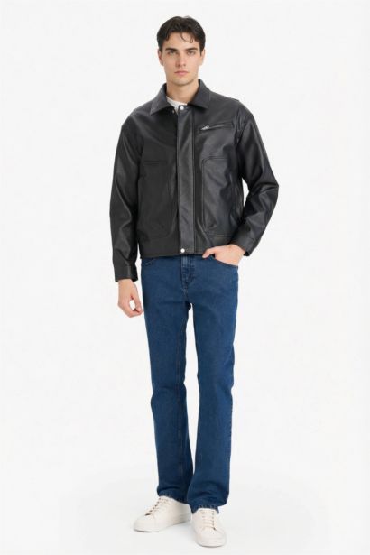 جاكيت جلد صناعي اوفر سايز برقبة قميص