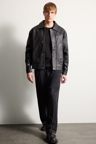 Oversize Fit Shirt Collar Zip-Up Faux Leather Jacket