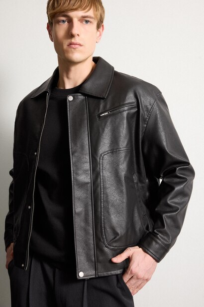 Oversize Fit Shirt Collar Zip-Up Faux Leather Jacket