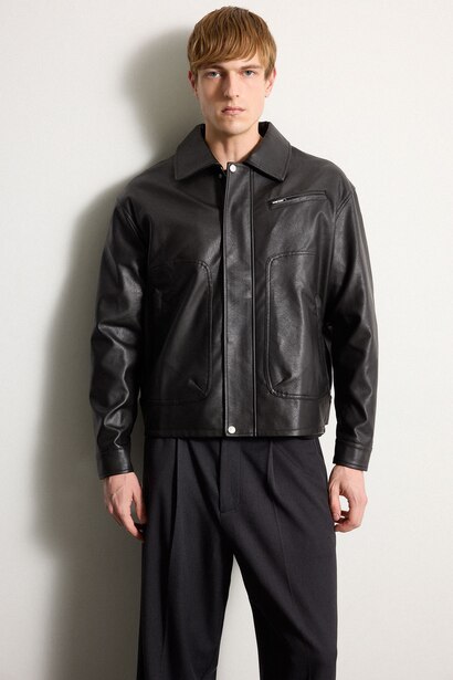 Oversize Fit Shirt Collar Zip-Up Faux Leather Jacket