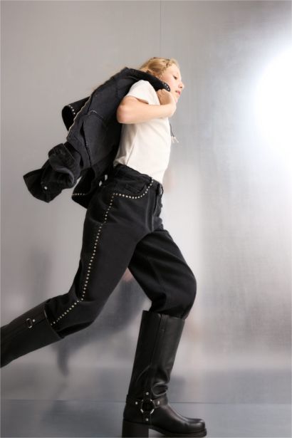 بنطلون جينز بناتي وايد ليج برجل واسع