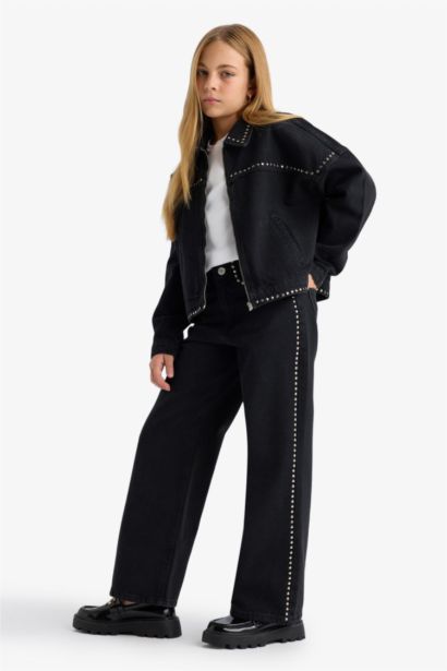 بنطلون جينز بناتي وايد ليج برجل واسع